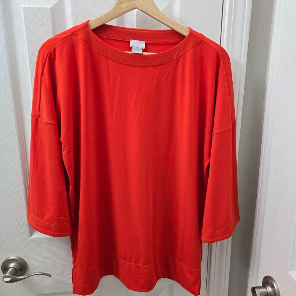 Chico's Oversized Top Womens Size 00 US XS Orange Red 3/4 sleeves Slinky Stretch